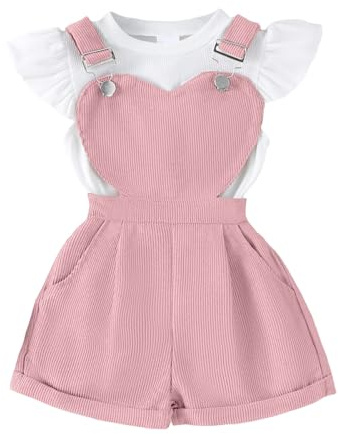JENJON Abbigliamento Estivo per Bambina Set Top a Coste a Maniche Corte con Volant + Regolabile Salopette Corta con Stampa Floreale/a Cuori e Tasca Vestiti Set