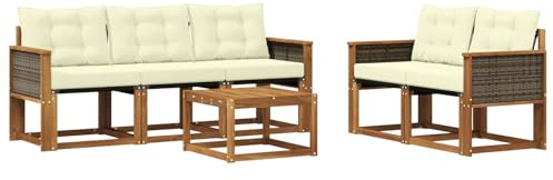 vidaXL Outdoor-Sofagarnitur mit Kissen 6 pcs Natur und Creme, Gartenmöbel, modernes Ecksofa, langlebige Terrassen-Sitze, stilvolle Lounge für deinen Outdoor-Bereich