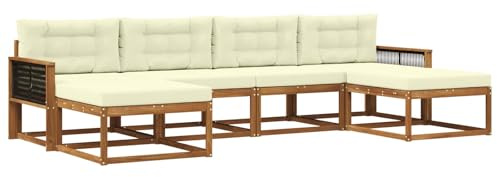 vidaXL Outdoor-Sofagarnitur mit Kissen 6 pcs Natur und Creme, Moderne Akazien-Gartenmöbel, wetterfester Sofa-Set, stylische Sitzgelegenheit für Terrasse und Pool