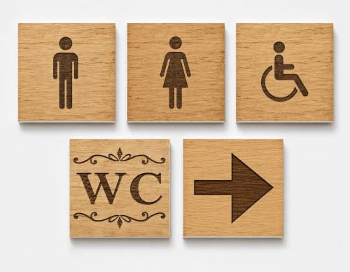 GOYAPRINT Lot de 5 panneaux pour toilettes en imitation bois 12 x 12 cm – Panneaux WC accessibles et flèches – PVC rigide 5 mm – Signalisation décorative pour bars, restaurants, maisons rurales et