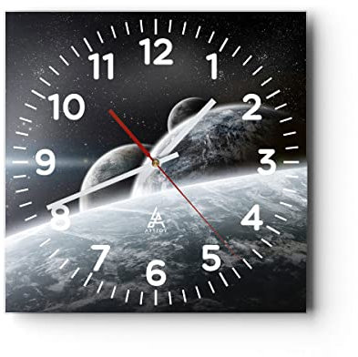 Modern Wanduhr Planeten Kosmos Sterne 30x30cm Quadrat Klein Wand Uhr Glas Analog Zimmeruhren Küche Büro Wohnzimmer Glasuhr Wall Clock Dekoration Design Wanddekoration Küchenuhr C4AC30x30-2327