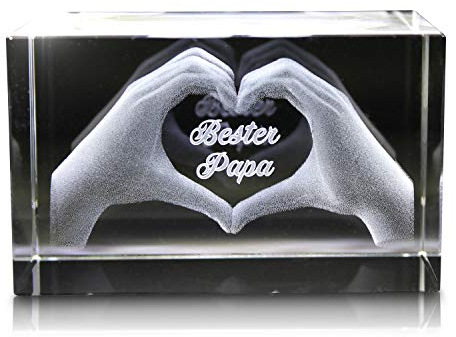 VIP-LASER 3D Glas Kristall mit Gravur I Herz aus zwei Händen I Text: Bester Papa! I Das tolle Geschenk zum Vatertag, Geburtstag oder Weihnachten