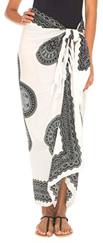 SHU-SHI - Damen Sarong mit Kokosnuss-Verschluss - zum Überziehen am Strand - Blumenmotiv - Weiß/Schwarz/Grau