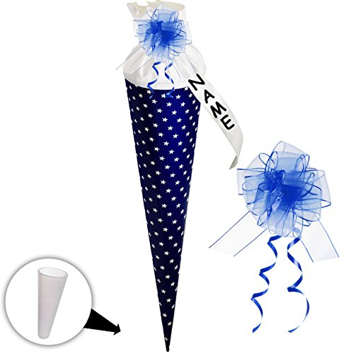 Schultüte/Rohling - blau - Sterne weiß - einfarbig bunt - 35 cm - rund - incl. individueller Schleife - mit Namen - mit Filzabschluß - Zuckertüte - mit ..