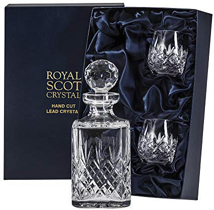 Royal Scot Crystal - Presentation Boxed Edinburgh Whisky Set: 1 Square Spirit & 2 Barrel Tumblers
