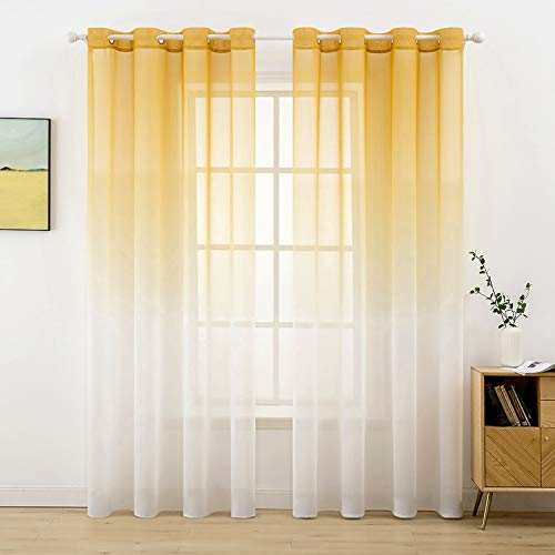 MIULEE Gardinen Transparent Vorhänge Farbverlauf Voile Sheer 2er Set Vorhang mit Ösen Dekoschal Fensterschal für Schlafzimmer und Wohnzimmer 225 cm x 140 cm(H x B) Orange-weiß