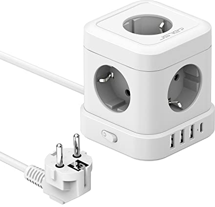 JSVER Steckdosenleiste Cube 5 Fach mit USB,Würfel Steckdosenleiste(3680W 16A) Mehrfachsteckdose mit 4 USB Ladegerät (17W) Schreibtisch mit Schalter für Büro, zu Hause oder auf Reisen 2m Kabel-Weiß