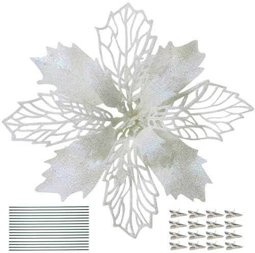 DWTECH 16 Pack Christmas Poinsettia Flowers with 16 Peduncles & 16 Clips,16cm/6.3’’ Artificial Flowers Glitter Poinsettia Christmas Wreath Christmas Tree Ornaments for Christmas Decorations (White)