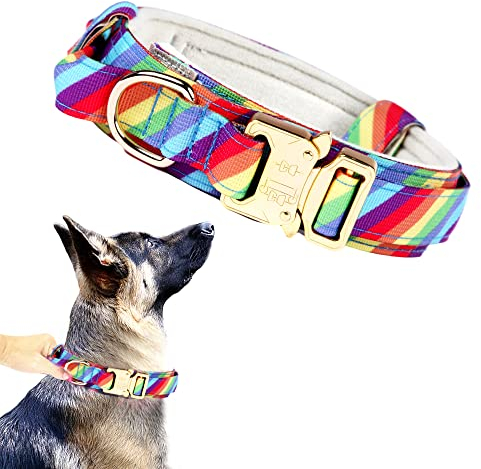 Taktisches Hundehalsband, Militär-Hundehalsband, verstellbar, Nylon, strapazierfähig, Metallschnalle mit Griff für Hundetraining (Regenbogen,M)