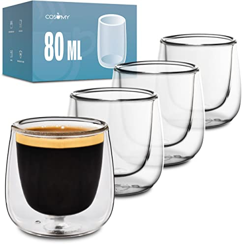 Cosumy 4 Doppelwandige Espresso Thermogläser 80ml - Hält lange Warm - Schützt deine Hände - Mit Geschenkbox