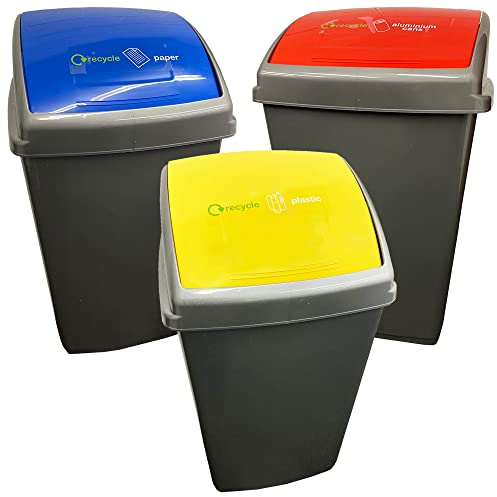 50 Litre Large Grey Recycling Bins With Colour Coded Lids Blue, Red & Yellow Paper, Plastic & Cans Swing Lids Home/Office Business Commercial Bins (Set of 3 (1 x Yellow, 1 Red & 1 Blue))