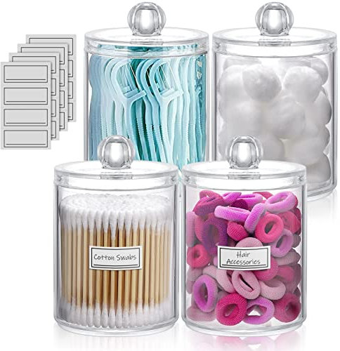 4 Stück Wattepadspender, Wattestäbchen Behälter Spender Halter, Acryl Runde Apothekergläser mit Deckel Wattestäbchen Wattepads Wattepad Spender Bathroom Organizer