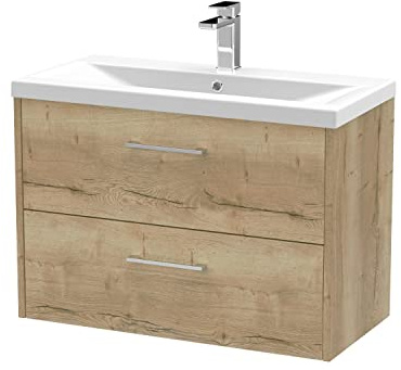 Hudson Reed JNU1826A Juno Modern Bathroom Wall Hung 2-Drawer Vanity with Mid-Edge Ceramic Basin, 800mm, Woodgrain Autumn Oak