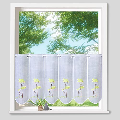 heimtexland ® Scheibengardine Gingko Baum Leinen Optik Weiß Gardine halbtransparent Bestickt Bistrogardine Typ745 Grün HxB 45 x 155 cm