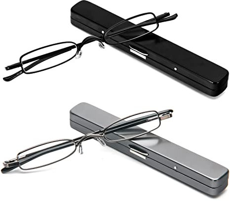 MMOWW 2er Pack Mini Metall Lesebrillen Damen Herren Federscharnier Klassische Klein Schmal Leicht Lesehilfe Sehhilfe Brillen mit Etui (Schwarz+Grau,+2,5)