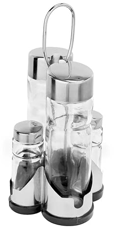 GGM Gastro Cruet Set - 4 Stück im Ständer - Essig-, Öl-, Salz- & Pfefferstreuer - Abnehmbarer Deckel - Glas - Leicht zu reinigen - Elegantes Design - Edelstahl - MEGW4