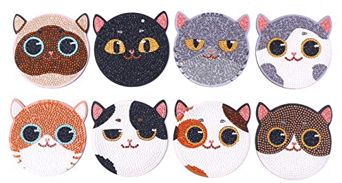 8 Pièces sous-Verres de Peinture de Diamant, 5D DIY Dessous de Verre Diamond Painting, sous-Verres Ronds Diamant Artisanat pour Boissons Tasse Vase Débutant Adultes Enfants - Chat