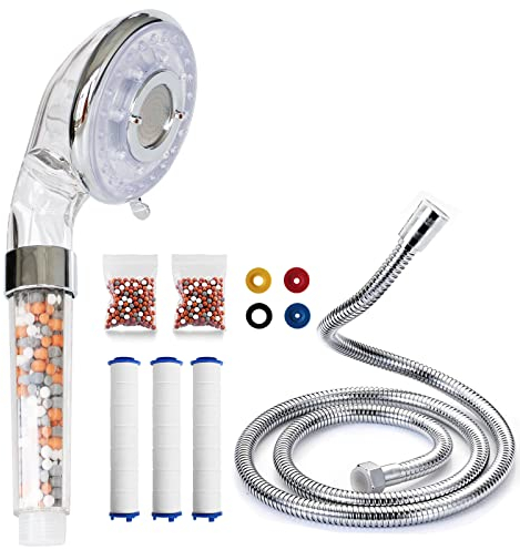 Shower Head and Hose 1.5M，High Pressure Handheld Shower Head Filter for Hard Water Saving Bathing for Adults Children Pets Home and Gym Use (7 Gears)