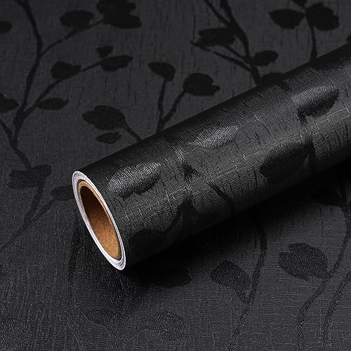 VEELIKE Klebefolie Schwarz Tapete Blätter Zweige Möbelfolie Selbstklebend Folie Für Möbel Schrankpapier Vintage Blumentapete Mustertapete Ttapeten Wohnzimmer Dekoration Schlafzimmer Flur 40cm x 300cm