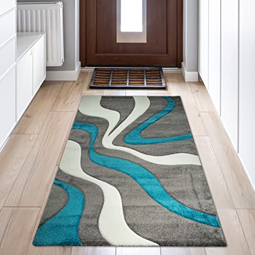 Teppich-Traum Wohnzimmer Teppich mit Wellenmuster • pflegeleicht • in türkis grau & weiß, 60 x 110 cm