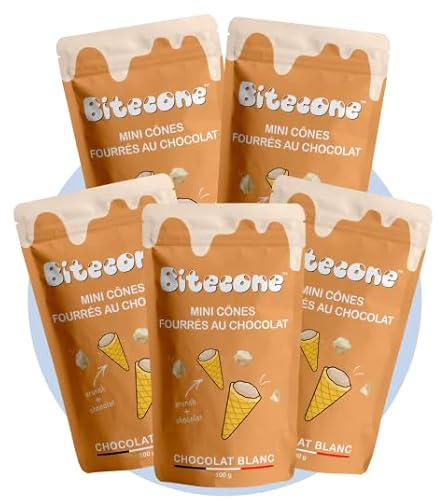 BITECONE - Weiße Schokolade | Ende der Eistüte | Mini-Waffelhörnchen mit weißer Schokoladenfüllung | Packung mit 5 Beuteln | Französische Marke | Snacks mit nachhaltigem Kakao | Ohne Palmöl | 500g