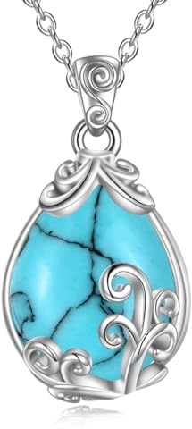 POPLYKE Türkis Halskette Sterling Silber Türkis Filigran Teardrop Anhänger Kette Edelstein Kristall Schmuck Geschenke für Frauen
