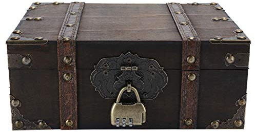 Sluffs Schmuckschatulle, Truhe Mit Schloss, Vintage-Aufbewahrungsbox aus Holz, Dekorative Schatz-Schmucktruhe Mit Schloss, Heimdekoration(6282‑2302GK10 Gray + Lock)