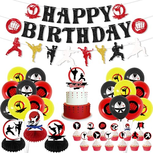 Obussgar Karate Geburtstag Party Dekorationen - Karate Sport Party Zubehör einschließlich glänzende Geburtstag Banner, Cake Toppers, Centerpieces, Luftballons für Jungen Mädchen Geburtstag Party