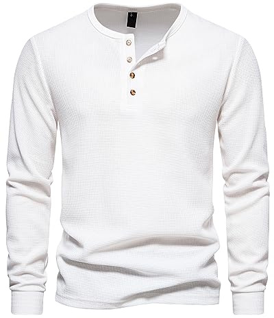 MakingDa Henley T Shirt Mens Long Sleeve Slim Fit Waffle Grandad Collar 4 Button Jumper Tops Smart Casual Collarless Shirts-White-S
