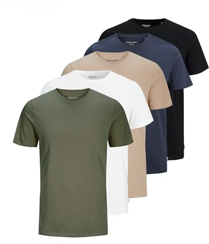 JACK & JONES Maglietta da Uomo con Scollo Rotondo in Tinta Unita, Confezione da 5 (Bianco, Nero, Blu Navy, Oliva, Croccante), L