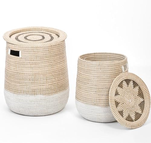 Stapelbar Körbe-Set Grosser Korb mit Deckel Wäschekorb Gewebter Körbe Badezimmer Aufbewahrung Kinder Vietnam Seegrass Handgeflochten Für Wäsche oder Spielzeug(H: 52cm/43cm, Ø: 46cm/37cm)