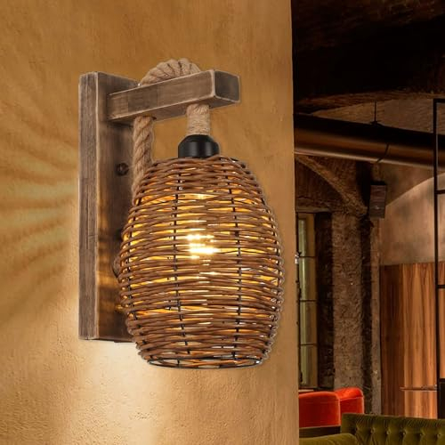 Vintage Holz Wandleuchte Rattan Bambus Lampenschirm Wandlampe E27 Retro Nachttischlampe Natürliche Bambus Rustikal Wandbeleuchtung für Schlafzimmer Wohnzimmer Balkon Flur Treppenhaus (Ohne Glühbirne)
