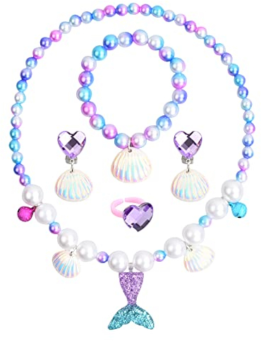 Granvoo Meerjungfrau Schmuck Set, 5 Stück Meerjungfrau Kinderschmuck, Enthalten Halskette, Ringe, Armbänder, Ohrring, Prinzessin Schmuck für Mädchen, Kinder, Geburtstag, Party, Geschenke