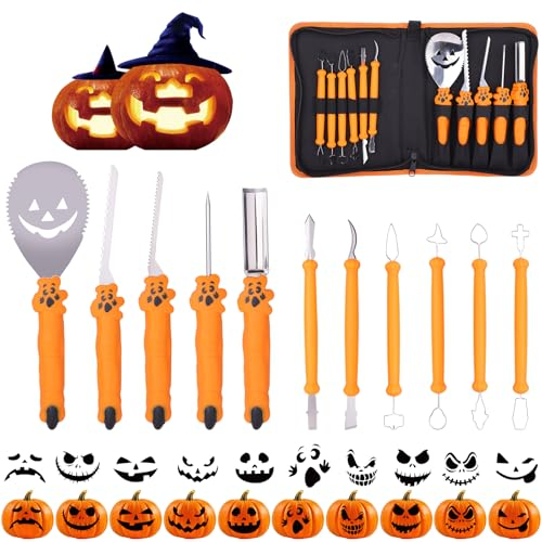 Namouk Kürbis Schnitzset mit Vorlagen, 11 Stück Halloween Kürbis Schnitzmesser mit Tragetasche, DIY Kürbis Deko Halloween Dekoration