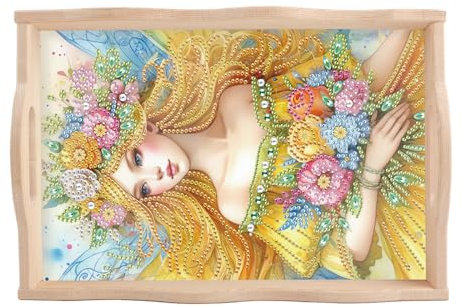 DIY Diamond Art Tray with Handle Diamond Art Painting Plate Creative Design Handmade Wooden Tray Mosaic Making Kits by Number Kits Diamond Art for Coffee Living Room Home Organizer (Yellow Elf)