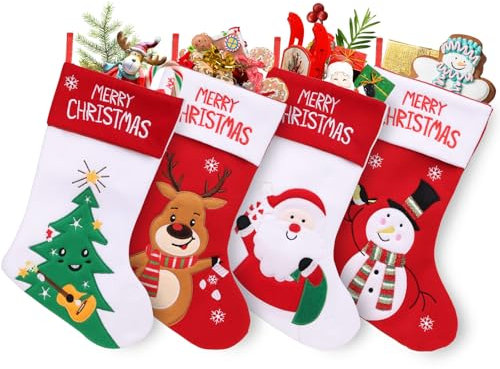 SHAVINGFUN Lot de 4 Chaussettes de Noël,Chaussettes de Noël Personnalisées à Suspendre Pour Sapin de Noël, Décorations Familiales, Motif Père Noël, élan, Bonhomme de Neige et Sapin de Noël