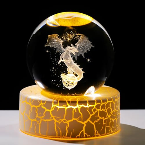 Ornalrist Pisapapeles de 6 cm con bola de cristal 3D grabada con soporte de luz cálida, regalos de dragón para amantes de los dragones, mujeres y hombres, adorno coleccionable de dragón de cristal