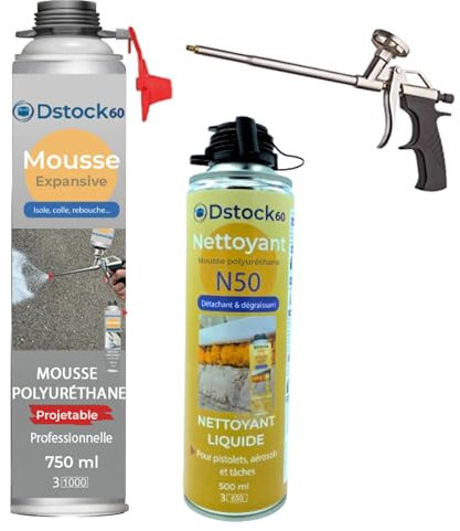 DSTOCK60 – Pack de 1 mousse expansive polyuréthane projetable 700 ml + 1 pistolet + 1 nettoyant mousse - compatible multi-surfaces - application facile et rapide
