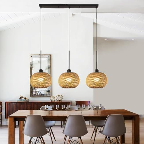 CNMKLM Boho Pendelleuchte Rustikale Esstisch Hängelampe Handgeflochtener Rattan-Korb Küsten-Esszimmerlampe 3 Lichter Bauernhaus Wicker Hängeleuchte Kücheninsel Esszimmer Schlafzimmer Pendellampe(A)