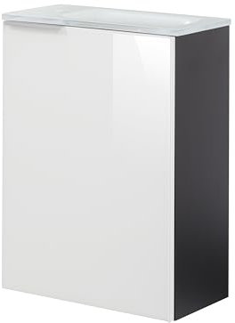 FACKELMANN Kara Gäste-WC Set 2 Teile – Waschtischunterschrank in Anthrazit mit Glasfront Weiß mit Waschbecken aus Glas in Weiß – SBC Waschbeckenunterschrank schmal – Türanschlag rechts – 45 cm breit