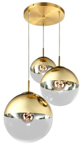 Hängeleuchte Hängelampe Pendelleuchte Gold Kugellampe Esszimmerleuchte 3 flammig, Metall Glas, 3x E27 Fassungen, DxH 51x120cm