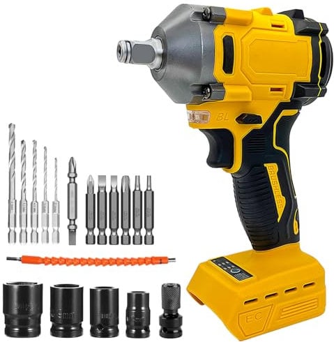 Cordless Impact Wrench,1/2 Brushless Impact Gun, 3-in-1 Power Electric Wrench/Max Torque (450N.m), 20V Drill Set Compatible with Dewalt Battery, 4Pcs Sockets for Car Repairs (Tool only, no Battery)