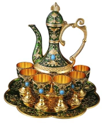 HGZLQKD European Wine Pot Kits Turkish Coffee Tea Pot Set Home Decoration Turkish Coffee Cup Metal Wine Glass Jug Set for Wedding, green
