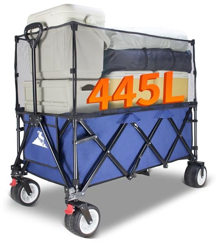 TOPWELL Bollerwagen faltbar mit Dach Handwagen Transportkarre Gerätewagen-10CM Breite Räder-445I großes Fassungsvermögen mit Bremse Verstellbarem Griff-für Camping Einkaufen (Blau)
