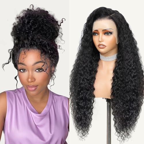 Beluck Echthaar Perücke 13x6 HD Lace Front Wig Human Hair 180% Density Schwarz Locken Perücke Damen Glueless Curly Wig Water Wave Human Hair Wigs For Black Women Pre Plucked 32 Zoll