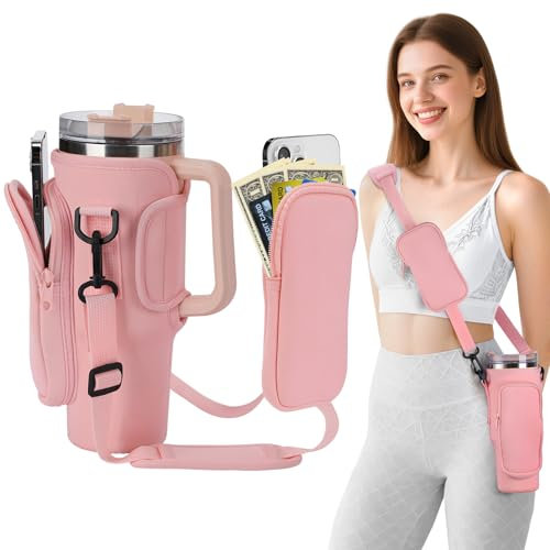 PAMASE Double Pockets Water Bottle Carrier fits Stanley Cup 40oz - Cooler Crossbody Tumbler Water Bottle Holder Bag with Strap, for Stanley Cup Accessories Girl Women Gift Walking Travel, Pink