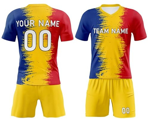 Rumänisches Fußball-Set für Herren und Kinder, personalisierbar, Rumänien-Fußball-T-Shirt und Shorts, Team-Trikot, Namensnummer, rumänisches Jungen Mädchen T-Shirt, Gelb, Blau, Rot, 2, S