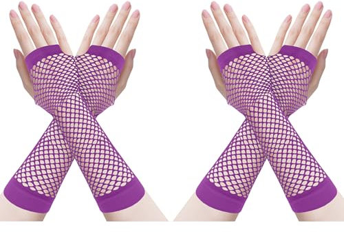 ZTVOWTO 2 Pares Guantes de Rejilla Sin Dedos, de Los Años 80 y 90, Ideales para Halloween, Navidad, Fiestas de Disfraces y Cosplay(Morado Largo)