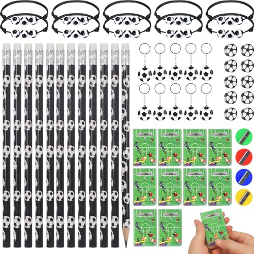 QMLING 56 Stück Fußball Mitgebsel, Mitgebsel Kindergeburtstag Fussball, 10 Fußball Flipper 10 Armbänder 12 Bleistifte 10 Radiergummi 10 Schlüsselanhänger 4 Bleistiftspitzer Jungen Mädchen