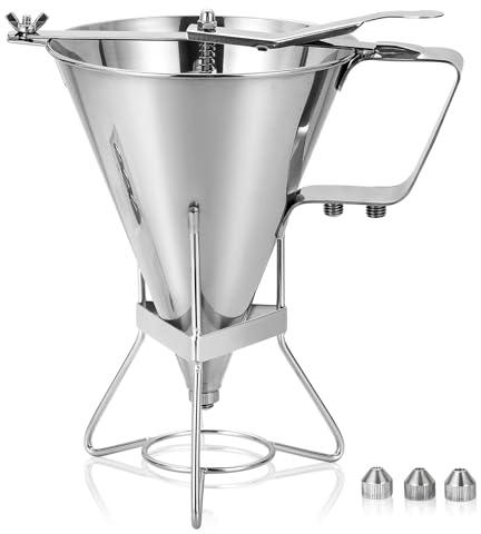 FLKQC Large 60oz Stainless Steel Pancake Batter Dispenser with Stand and Tools, Great for Pancakes, Cupcake, Candle Wax Pourer, Durable, Leak-Free and Easy to Clean